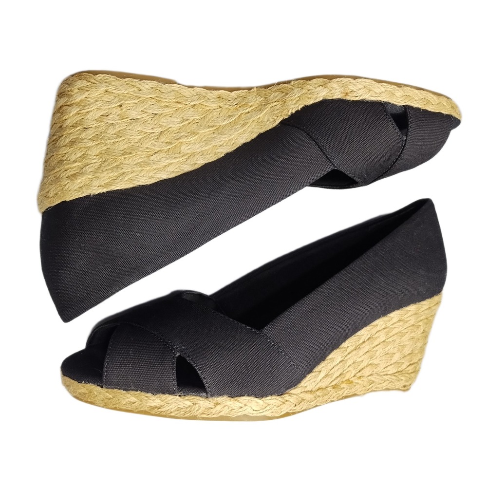 Chaps Dakoda Espadrille Wedge Shoes Womens US 8B Black Comfort Peep Toe Slip On